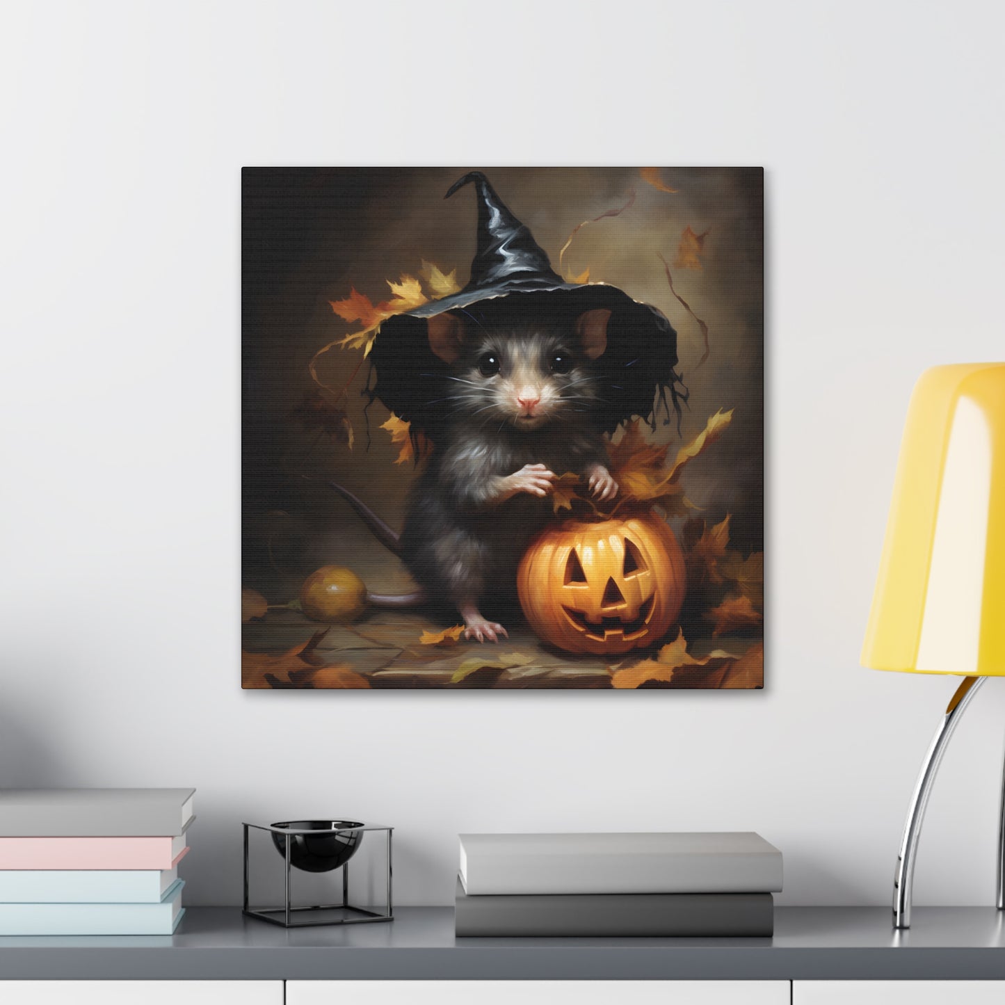 Cute Rat and Pumpkins Halloween Fine Art Print Canvas Wall Art