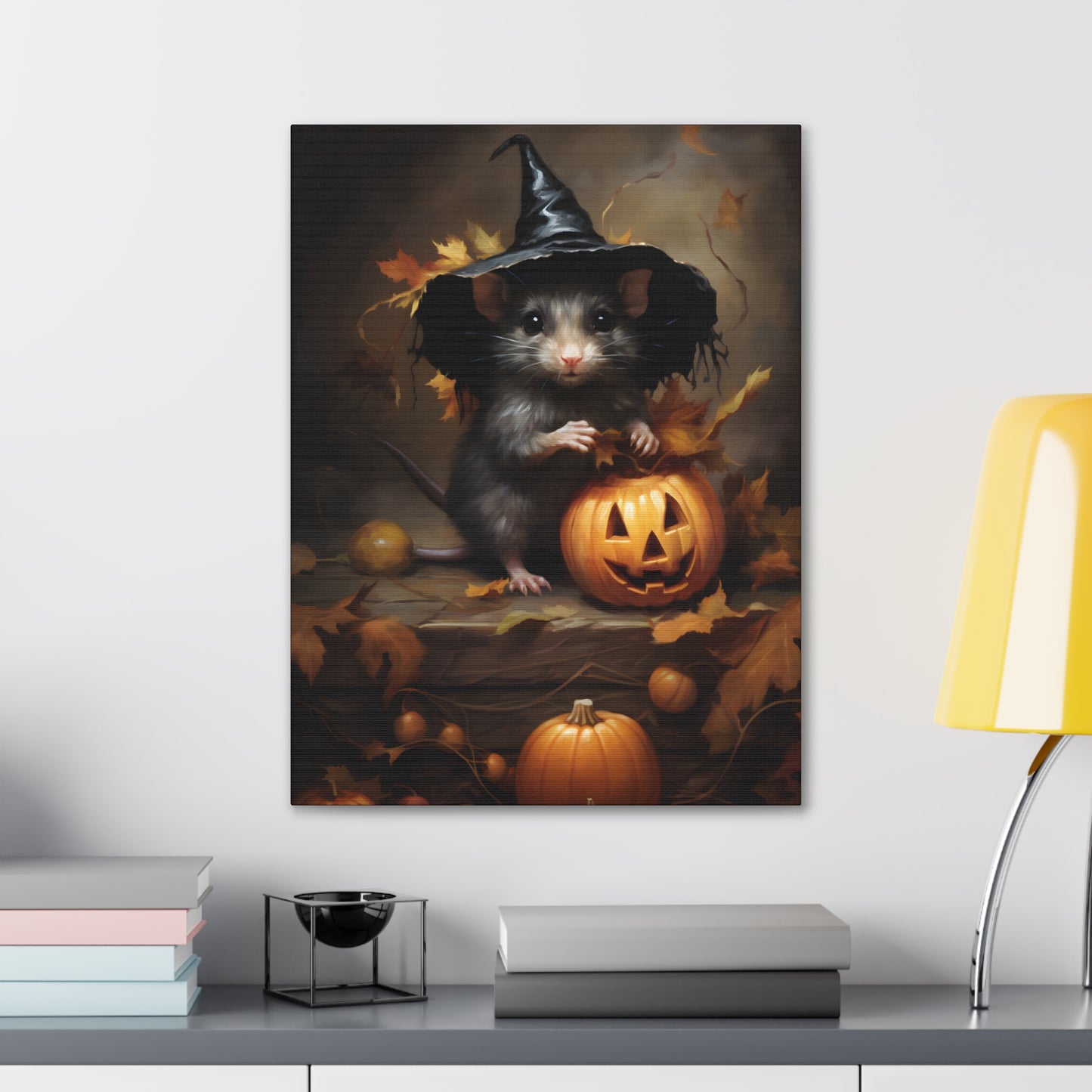 Cute Rat and Pumpkins Halloween Fine Art Print Canvas Wall Art