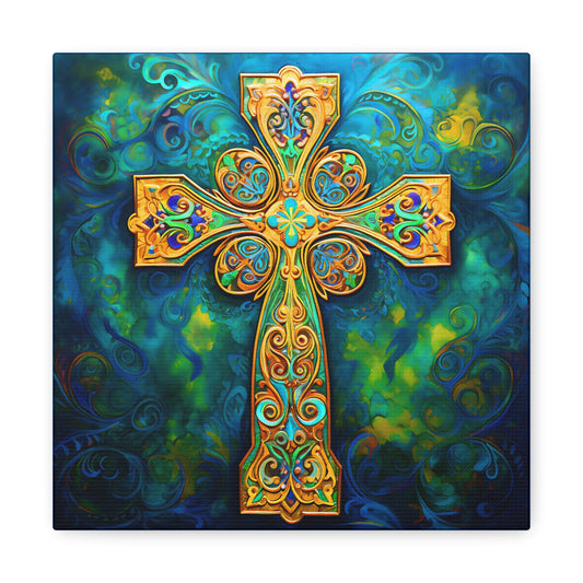 Blue and Gold Cross Painting Fine Art Print Canvas Wall Art