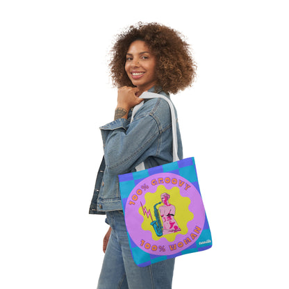 100% Groovy, 100% Woman, Feminist Polyester Canvas Tote Bag