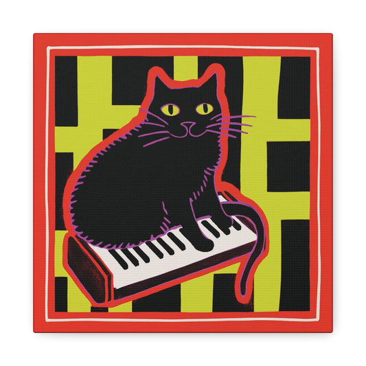 Jazz Cat! Happy Black Cat Playing Piano Fine Art Print Canvas Wall Art